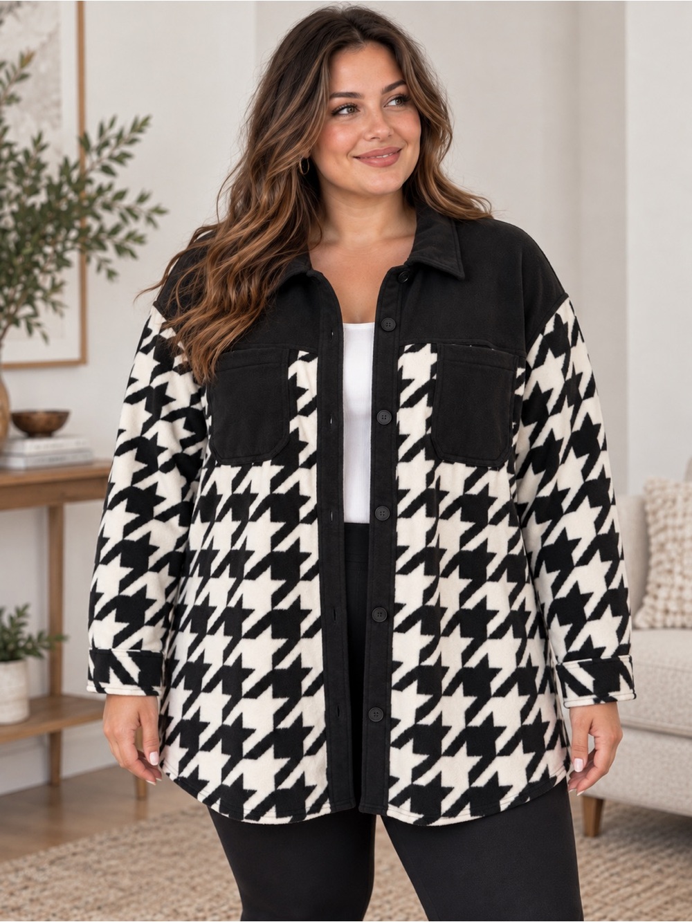 Maurices Black White Houndstooth Fleece Shacket Jacket NWT Size 2x